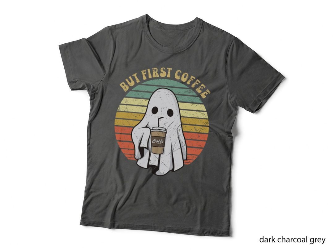 But First Coffee Retro Groovy Ghost Drinking Halloween T-Shirt