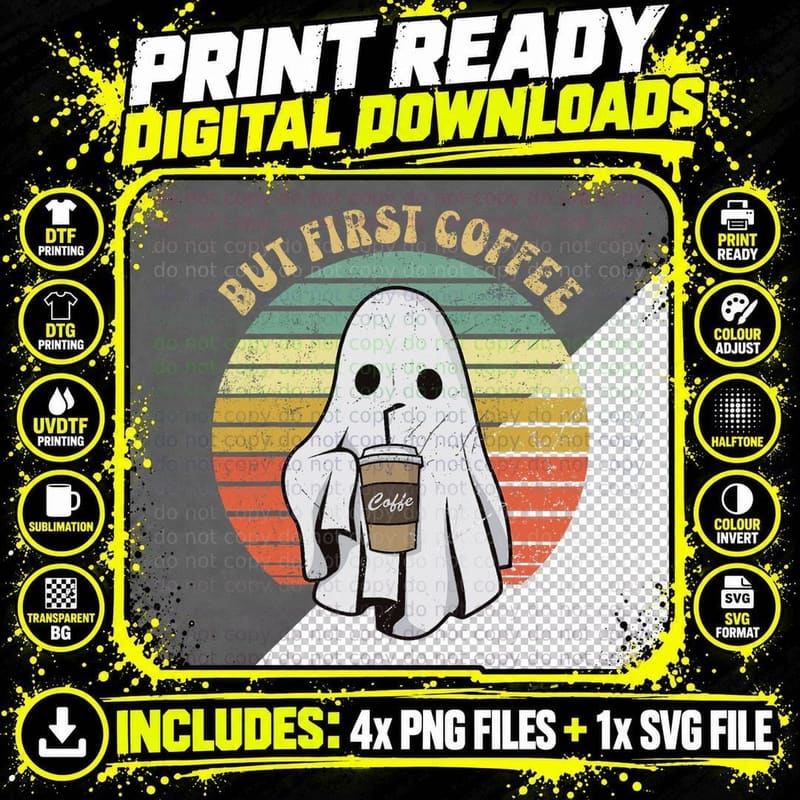 But First Coffee Retro Groovy Ghost Drinking Halloween Png SVG Digital Bundle