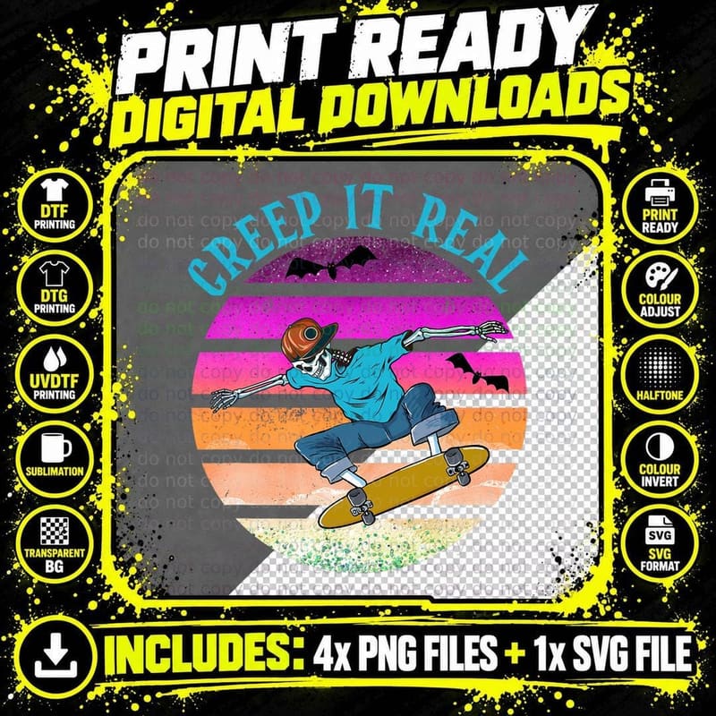 CREEP IT REAL Skateboarder Ghost Vintage Retro Halloween Png SVG Digital Bundle