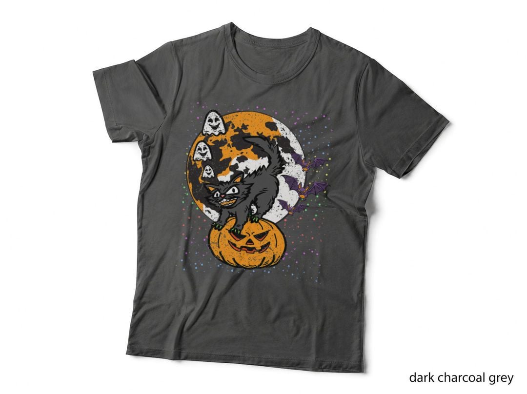 Cat Pumpkin Halloween Costume Scary Kitten Ghost Bats Moon T-Shirt