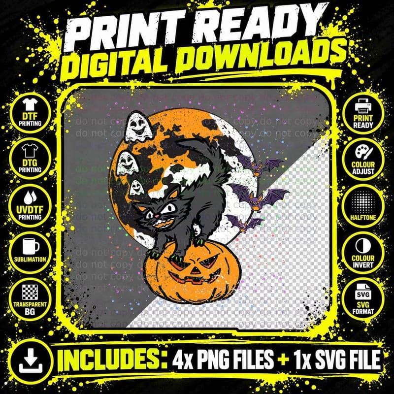 Cat Pumpkin Halloween Costume Scary Kitten Ghost Bats Png SVG Digital Bundle