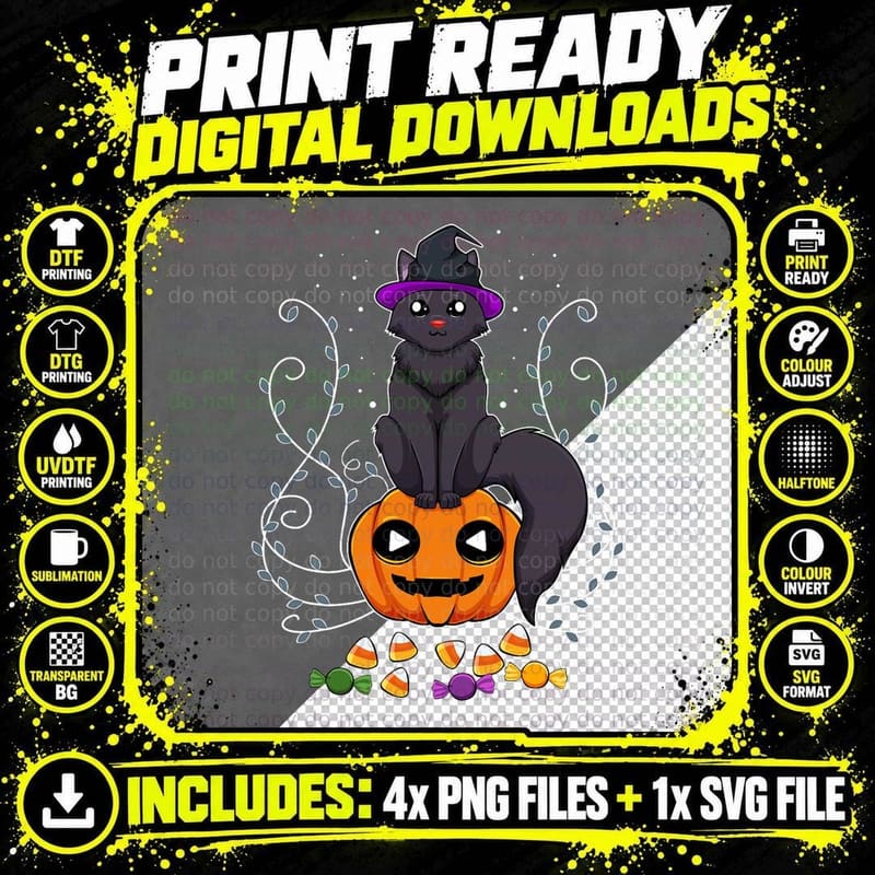 Cat Witch Lazy Halloween Costume Cute Pumpkin Candy Corn Png SVG Digital Bundle