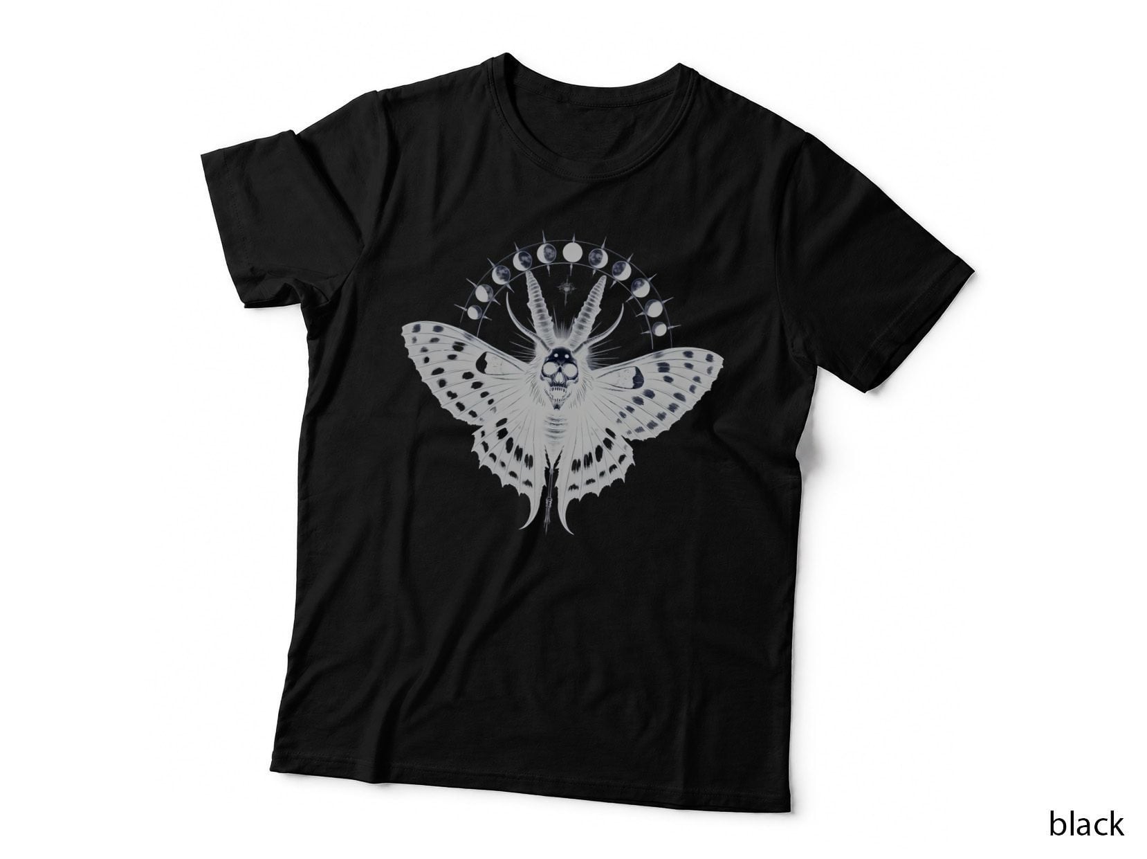 Celestial Moth with Skull and Moon Phases, Mystical Halloween Horror T-Shirt