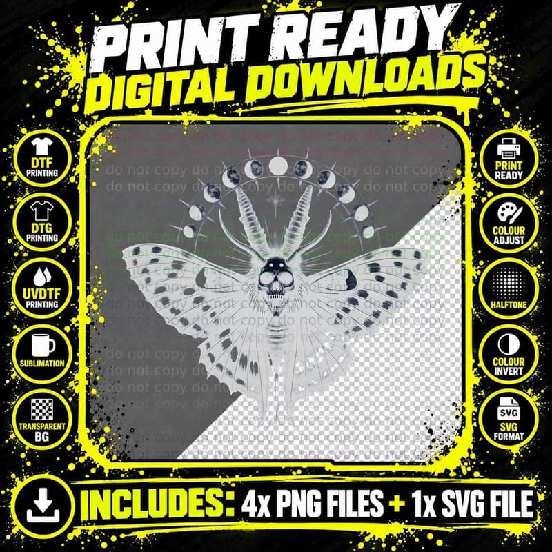 Celestial Moth with Skull and Moon Phases Png SVG Digital Bundle