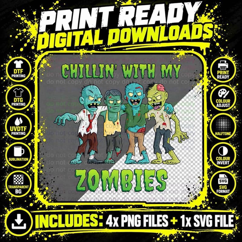 Chillin with My Zombies Halloween Boys Kids Funny T-Shirt Png SVG Digital Bundle