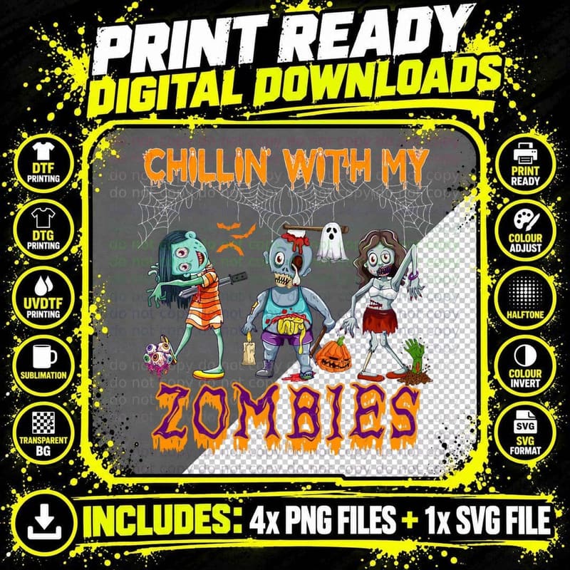 Chillin' with My Zombies Three Halloween Horror Zombies Png SVG Digital Bundle