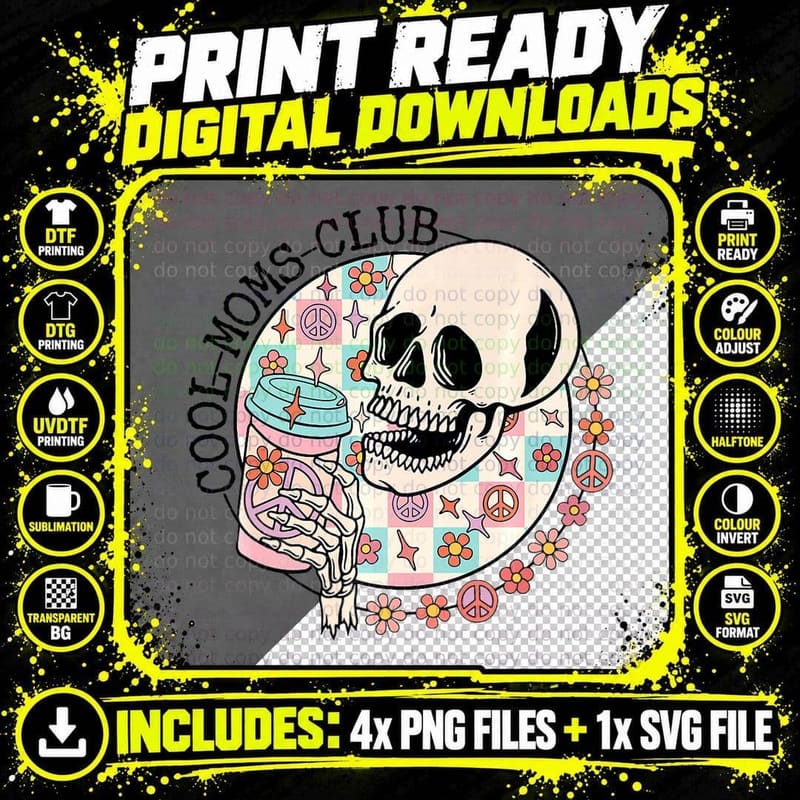 Cool Moms Club Spring Coffee Skeleton Skull Retro Png SVG Digital Bundle