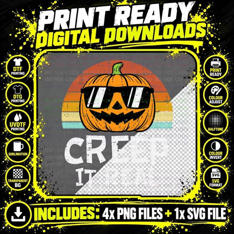 Creep It Real Cool Pumpkin Retro Halloween Costume Men Png SVG Digital Bundle