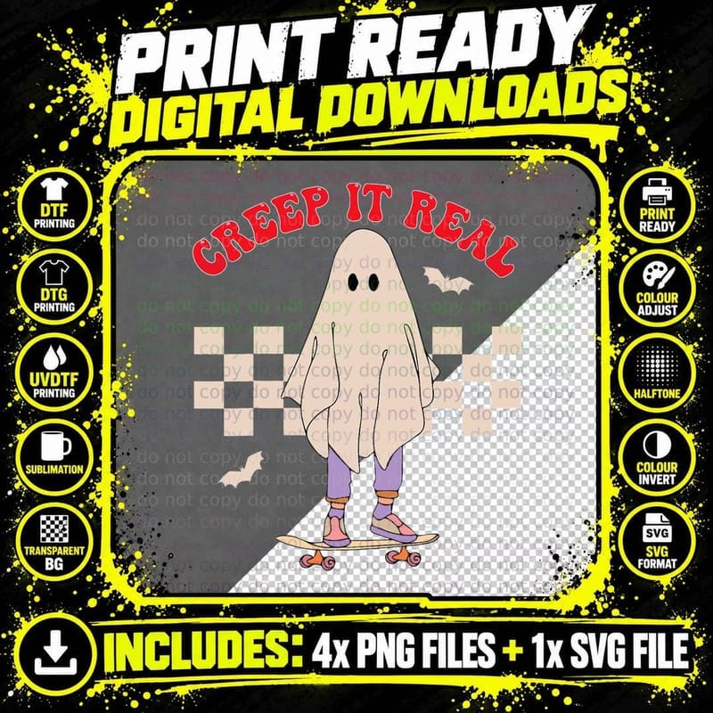 Creep It Real Ghost Skate Halloween Groovy Retro Vintage Png SVG Digital Bundle