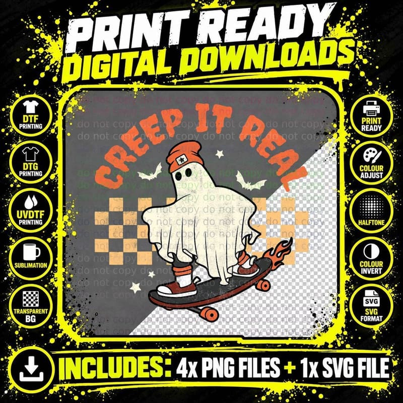 Creep It Real Halloween Retro Groovy Spooky Season Ghost Png SVG Digital Bundle