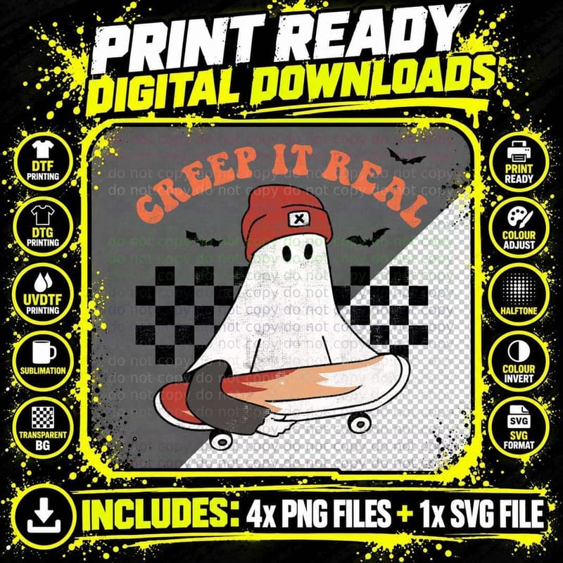 Creep It Real Skateboard Ghost Halloween Groovy Retro Png SVG Digital Bundle