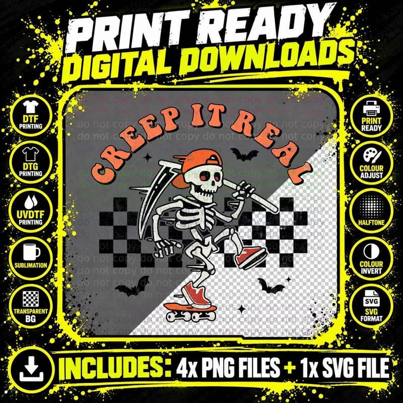 Creep It Real Skeleton Death Halloween Groovy Retro Png SVG Digital Bundle