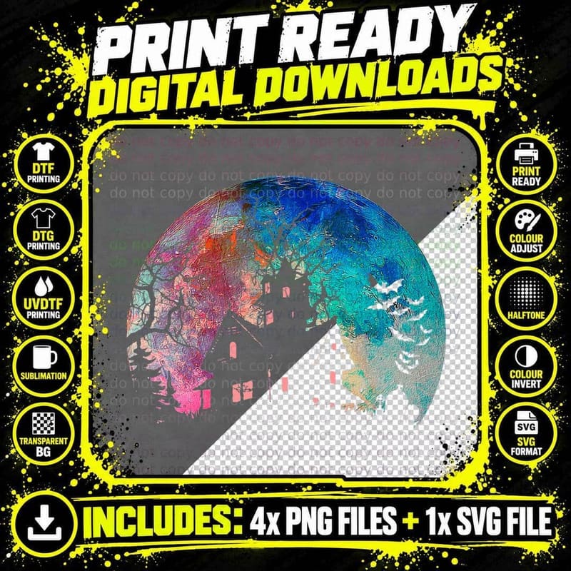 Creepy Haunted House & Spooky Watercolor Full Moon Png SVG Digital Bundle