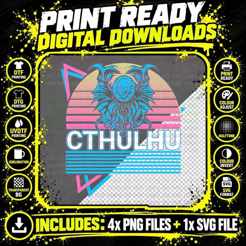 Cthulhu Horror Necronomicon Monster Lovecraftian Retro Png SVG Digital Bundle