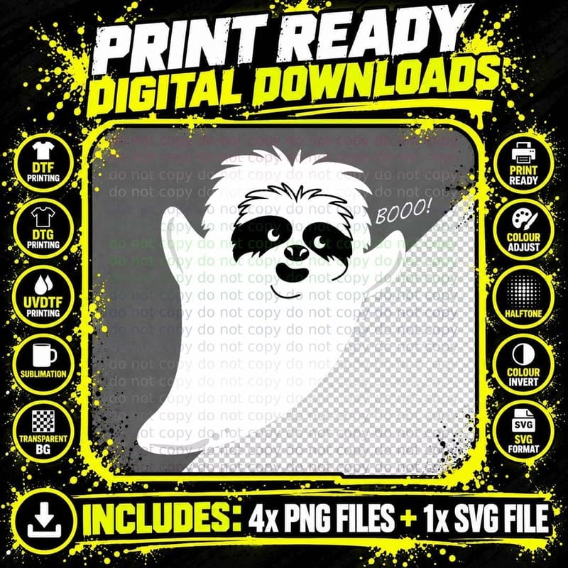 Cute Cartoon Ghost Sloth Costume Easy Animal Halloween Png SVG Digital Bundle