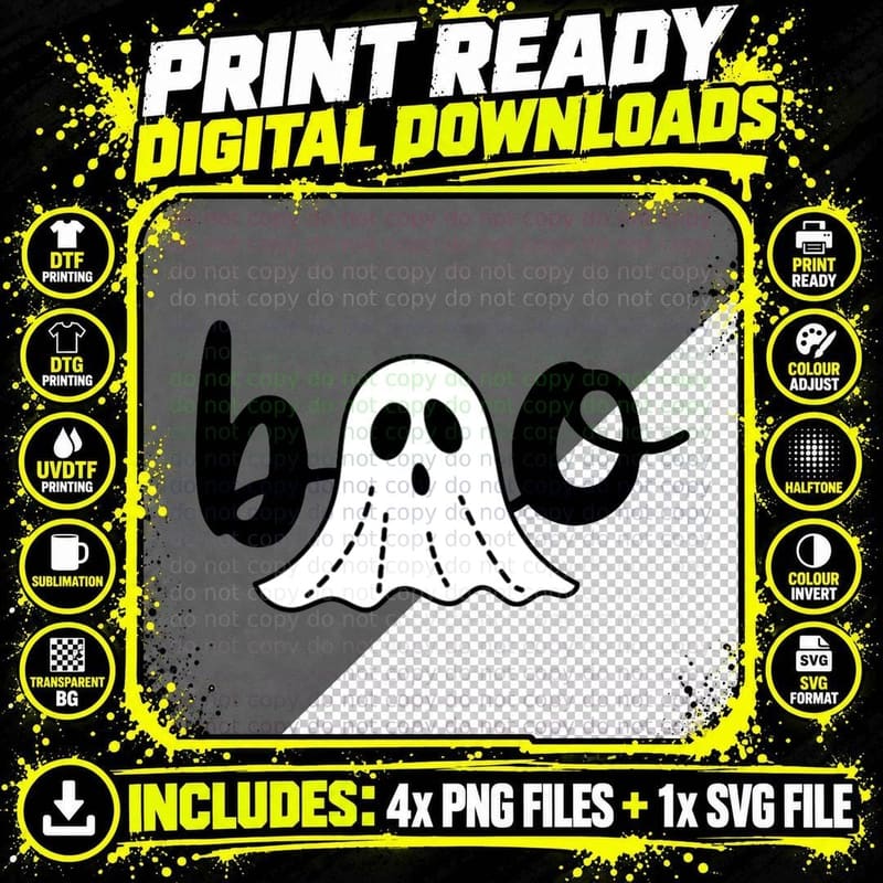 Cute Cursive Boo Spooky Ghost Halloween T-Shirt Png SVG Digital Bundle