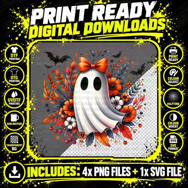 Cute Fall Ghost with Bow Halloween, Horror, Cute T-Shirt Png SVG Digital Bundle