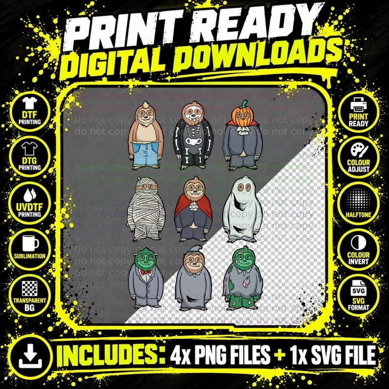 Cute Sloth Halloween Costume as Ghost Mummy Zombie Png SVG Digital Bundle