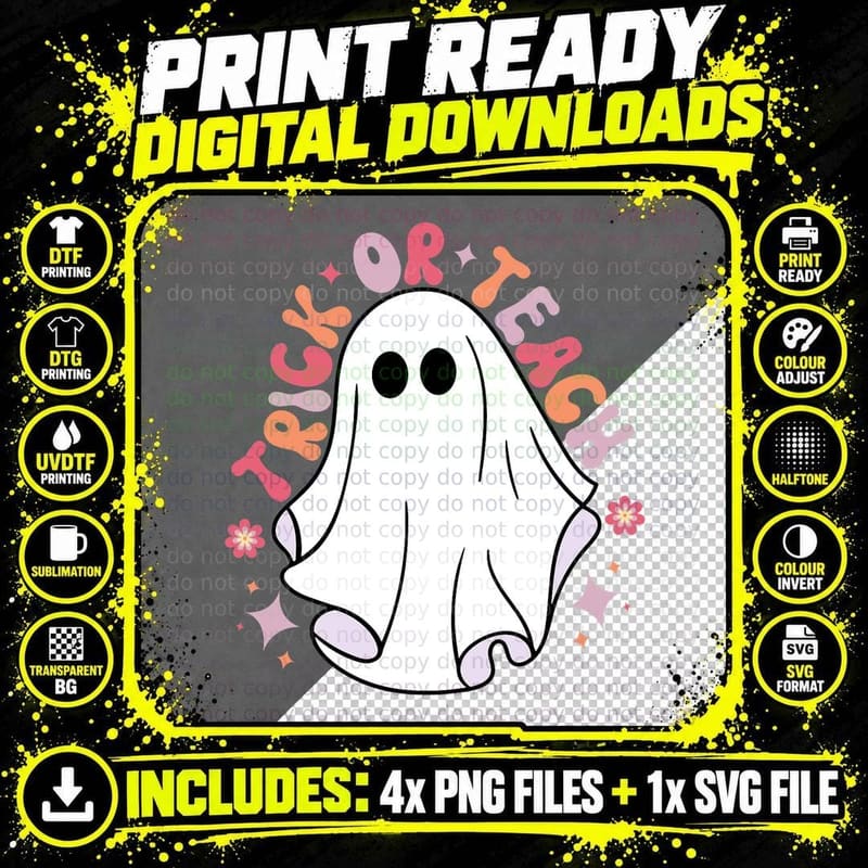 Cute Teacher Halloween Groovy Ghost Halloween Trick or Png SVG Digital Bundle