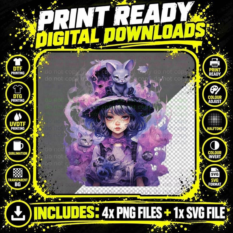 Cute Witch Black Cat Costume Halloween Girls T-Shirt Png SVG Digital Bundle