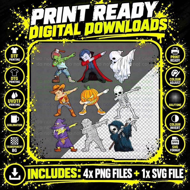 Dabbing Halloween Boys Skeleton Zombie Scary Pumpkin Png SVG Digital Bundle