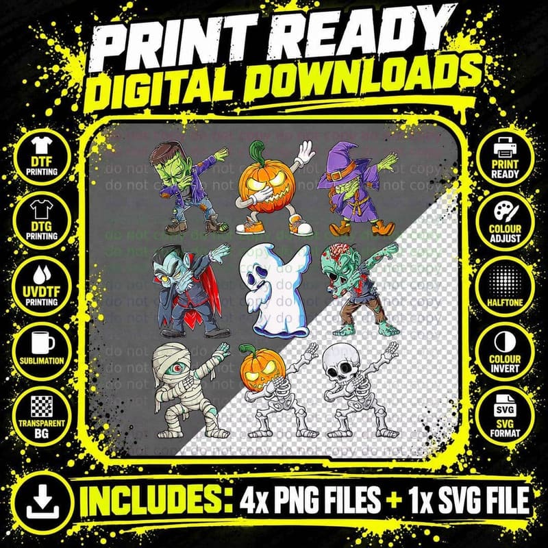 Dabbing Halloween Skeleton Zombie Pumpkin Boys Girls Png SVG Digital Bundle