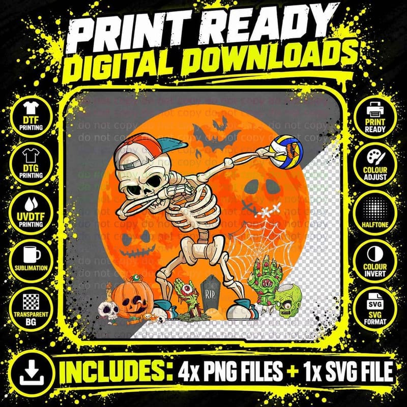 Dabbing Skeleton Playing Volleyball Halloween Horror Png SVG Digital Bundle