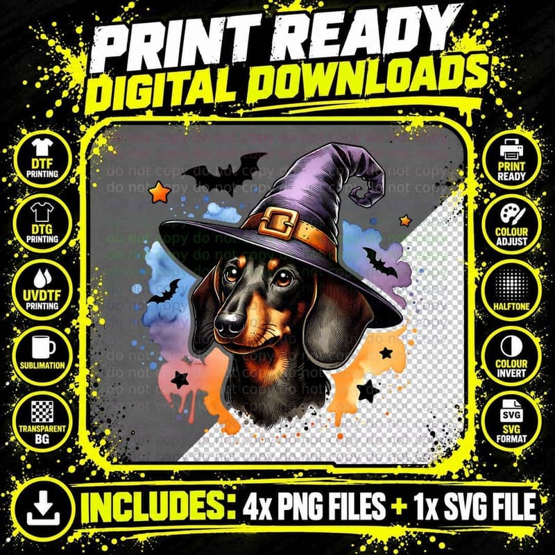 Dachshund in Witch Hat, Cute Dog, Halloween T-Shirt Png SVG Digital Bundle