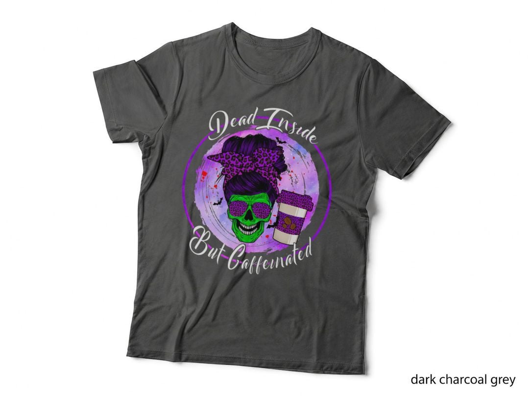 Dead Inside but Caffeinated Messy Bun Mom Skull Halloween T-Shirt