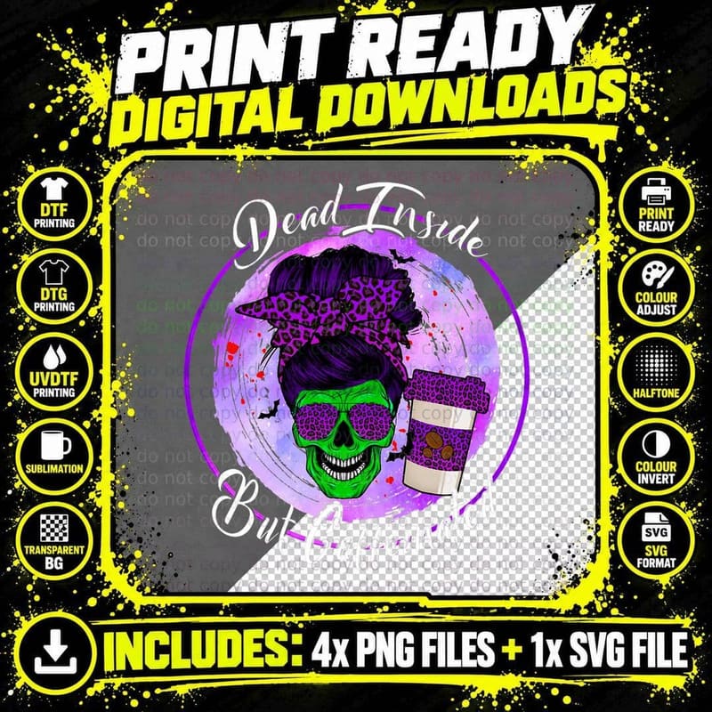 Dead Inside but Caffeinated Messy Bun Mom Skull Png SVG Digital Bundle