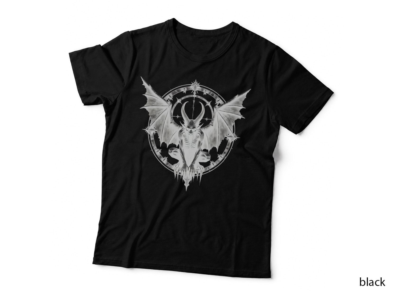 Demon Illustration with Bat Wings and Horns Dripping Blood Goth Horror T-Shirt