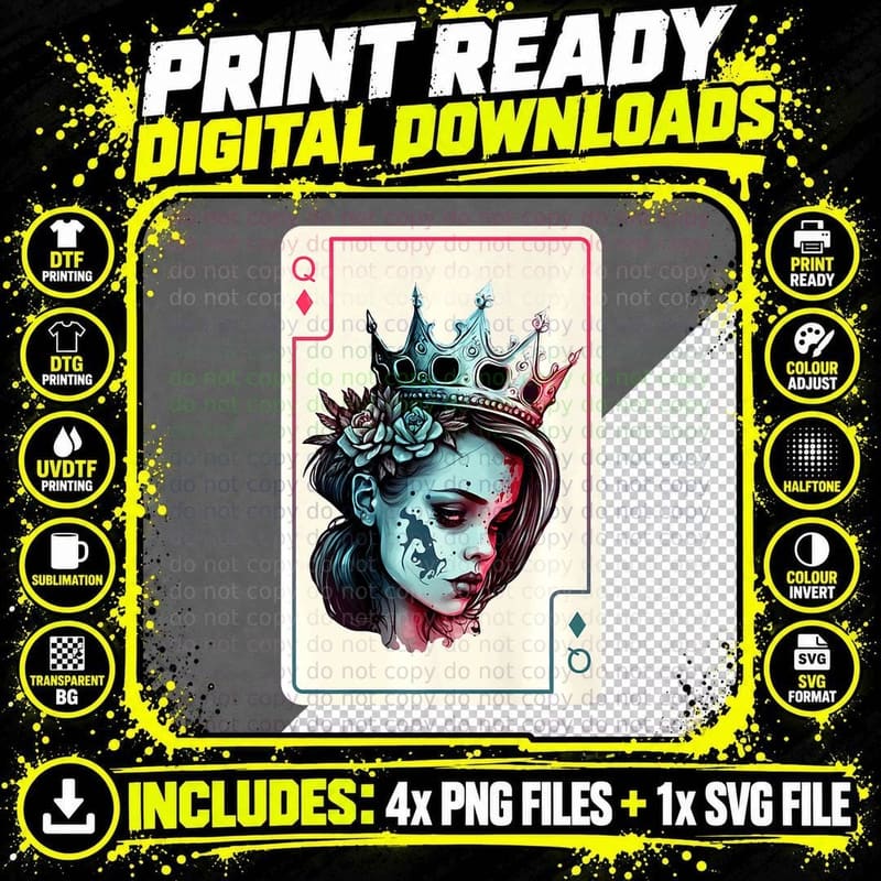Diamond Queen Gothic Poker Card Game Creepy Queen of Png SVG Digital Bundle