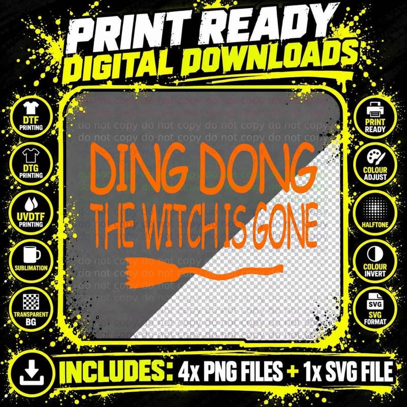 Ding Dong the Witch Is Gone Halloween Day W Witch Broom Png SVG Digital Bundle