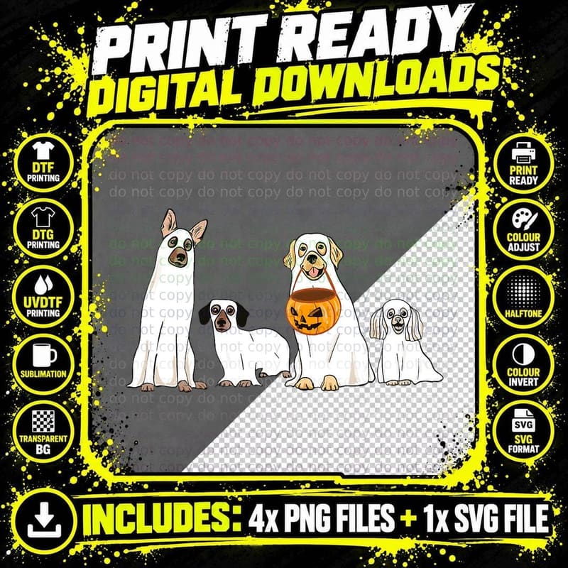 Dogs Wearing Ghost Costume Funny Dog Halloween Men Women Png SVG Digital Bundle