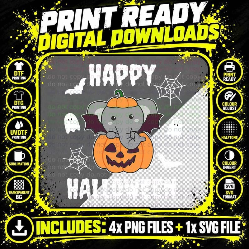 Elephant Happy Halloween Pumpkin Bat Elephant T-Shirt Png SVG Digital Bundle