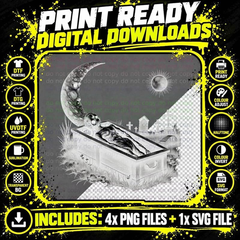 Emerging Skeleton Coffin Graveyard Moon Dark Academia Png SVG Digital Bundle