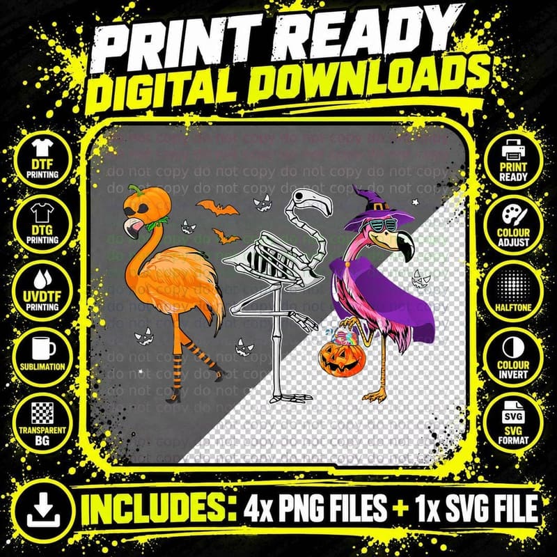 Flamingoween Halloween Pink Flamingo Costume Skeleton Png SVG Digital Bundle