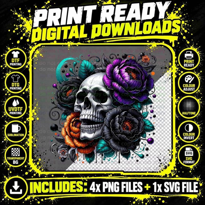 Floral Skull Purple Black Halloween, Horror, Goth T-Shirt Png SVG Digital Bundle