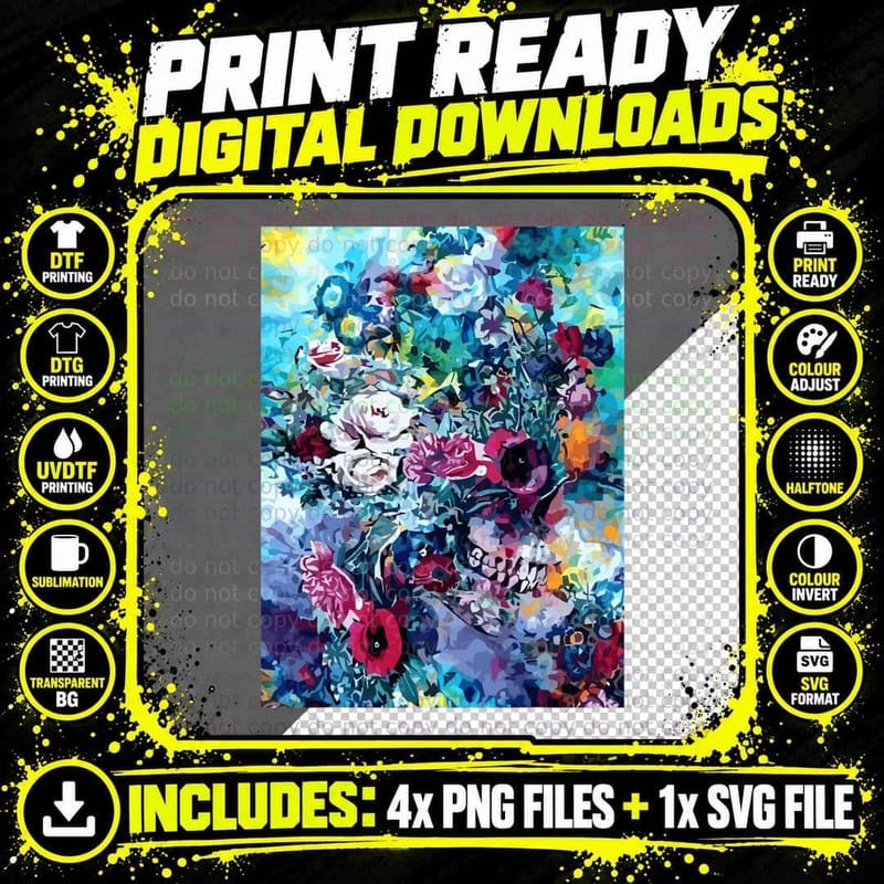 Flowers Skull Floral Sugar Dark Art Grunge Aesthetic Png SVG Digital Bundle