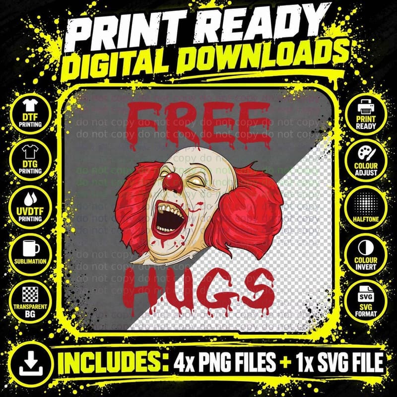 Free Hugs Halloween Evil Killer Scary Clown Horror Gift Png SVG Digital Bundle