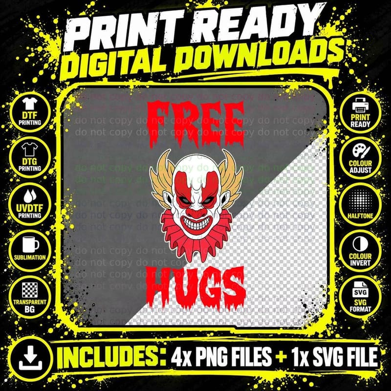 Free a Hugs Halloween Clown Horror Evil Killer T-Shirt Png SVG Digital Bundle