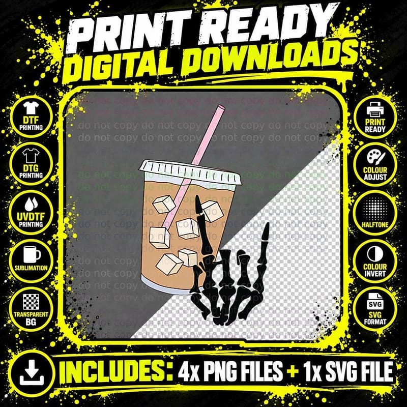 Fueled by Iced Coffee and Anxiety Rock on Skeleton Hand Png SVG Digital Bundle
