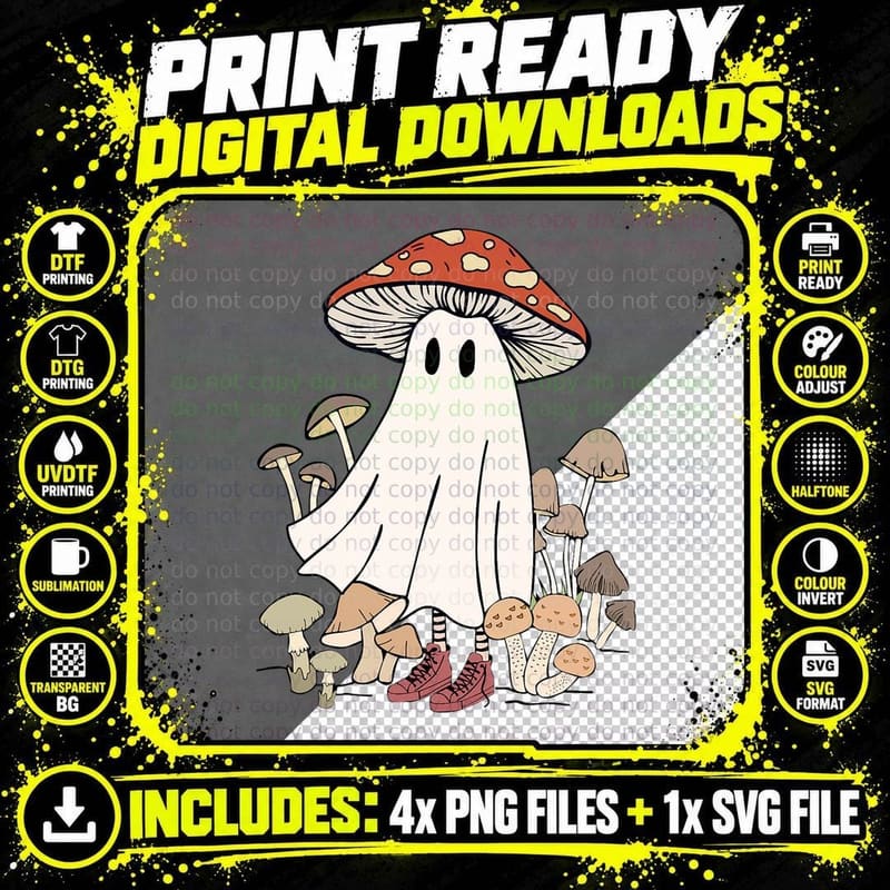 Funny Botanical Cottagecore Mushroom Ghost Halloween Png SVG Digital Bundle