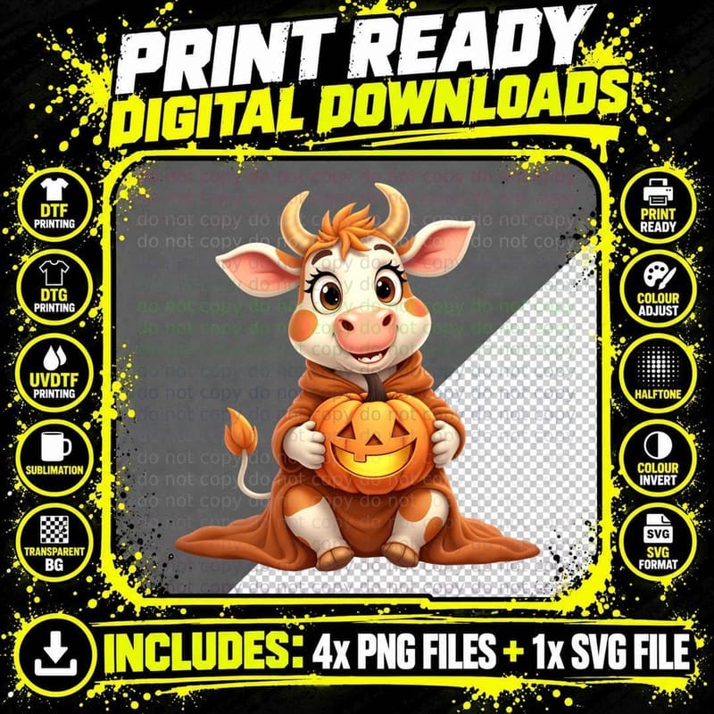 Funny Cute Happy Halloween Kids Cow Ghost T-Shirt Png SVG Digital Bundle