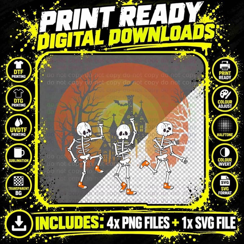 Funny Dancing Skeletons Halloween Spooky Haunted House Png SVG Digital Bundle