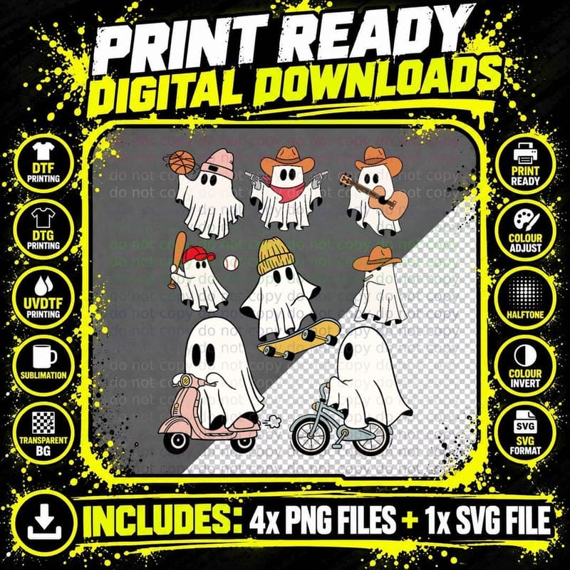 Funny Ghost Scary Halloween Tee Baseball, Cowboy Png SVG Digital Bundle