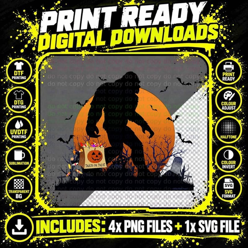 Funny Halloween Bigfoot Trick or Treating Full Moon Png SVG Digital Bundle