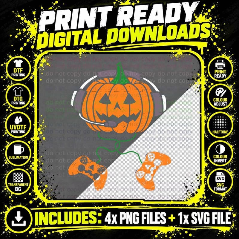 Funny Halloween Jack O Lantern Pumpkin Gamer Boys Kids Png SVG Digital Bundle