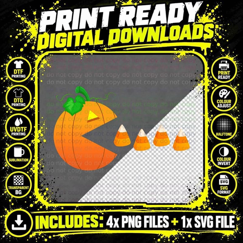 Funny Halloween Pumpkin Eating Candy Corn Gamer Men Boy Png SVG Digital Bundle
