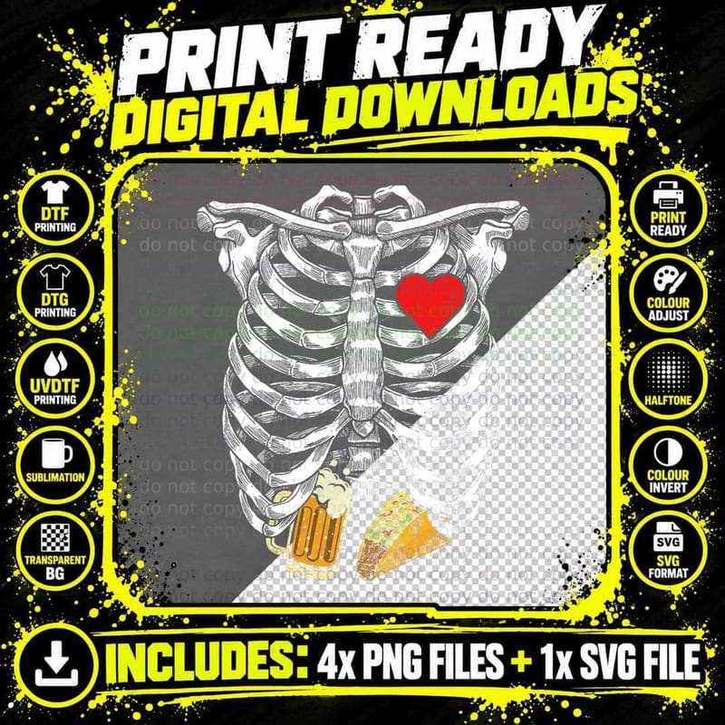 Funny Halloween Skeleton Rib Cage Beer & Taco Adults Men Png SVG Digital Bundle